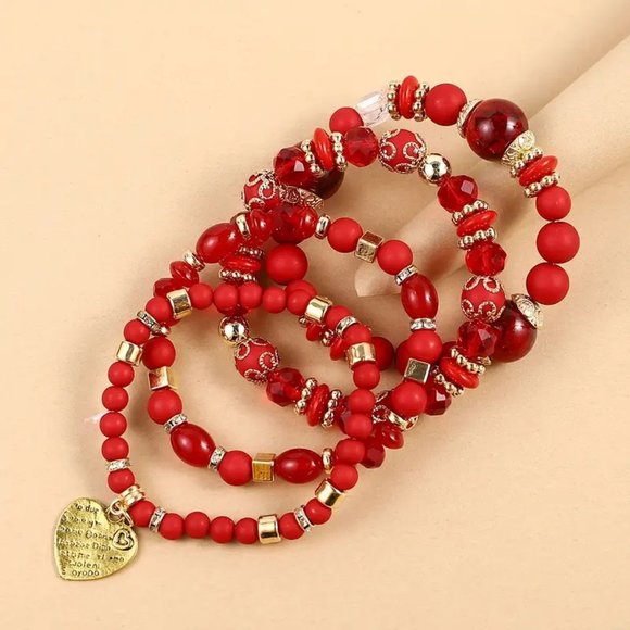 New 4pc Red Stone Boho Bracelet Set - Picture 5 of 17